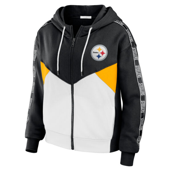Women's WEAR by Erin Andrews Black/White Pittsburgh Steelers Color Block Light Weight Modest Crop Full-Zip Hoodie - Image 6