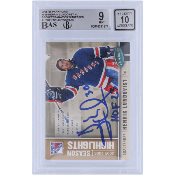 Henrik Lundqvist New York Rangers Autographed 2005-06 Upper Deck Parkhurst #599 Beckett Fanatics Witnessed Authenticated 9/10 Rookie Card with "HOF 23" Inscription