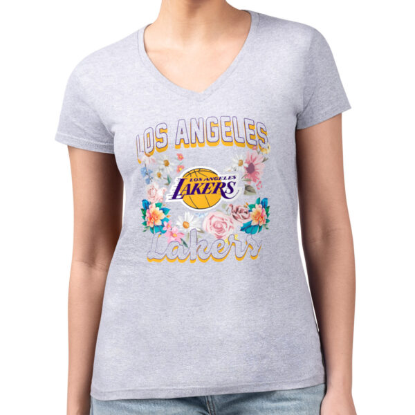 Women's G-III 4Her by Carl Banks Heather Gray Los Angeles Lakers Flowers Team Logo Graphic Fitted V-Neck T-Shirt - Image 2