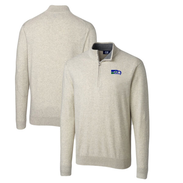 Men's Cutter & Buck Oatmeal Seattle Seahawks Throwback Logo Lakemont Tri-Blend Big & Tall Quarter-Zip Pullover Sweater - Image 5