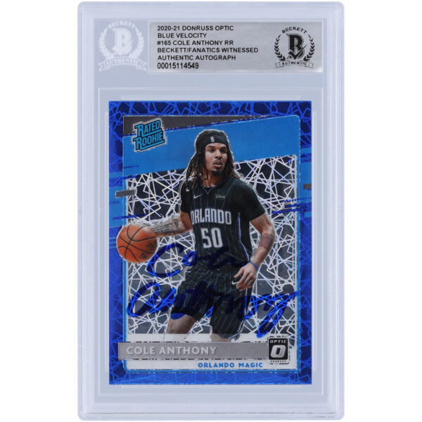 Cole Anthony Orlando Magic Autographed 2020-21 Panini Donruss Optic Blue Velocity Prizm #165 Beckett Fanatics Witnessed Authenticated Rookie Card - Image 4