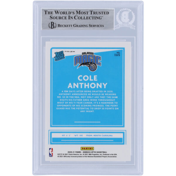 Cole Anthony Orlando Magic Autographed 2020-21 Panini Donruss Optic Blue Velocity Prizm #165 Beckett Fanatics Witnessed Authenticated Rookie Card - Image 5