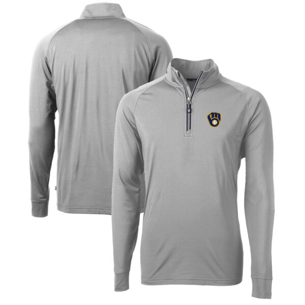 Men's Cutter & Buck  Gray Milwaukee Brewers Adapt Eco Knit Stretch Recycled Quarter-Zip Pullover Top