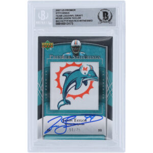 Jason Taylor Miami Dolphins Autographed 2007 Upper Deck Premier Stitchings Team Logo/NFL Draft Relic #PS-59 #/75 Beckett Fanatics Witnessed Authenticated 10 Card
