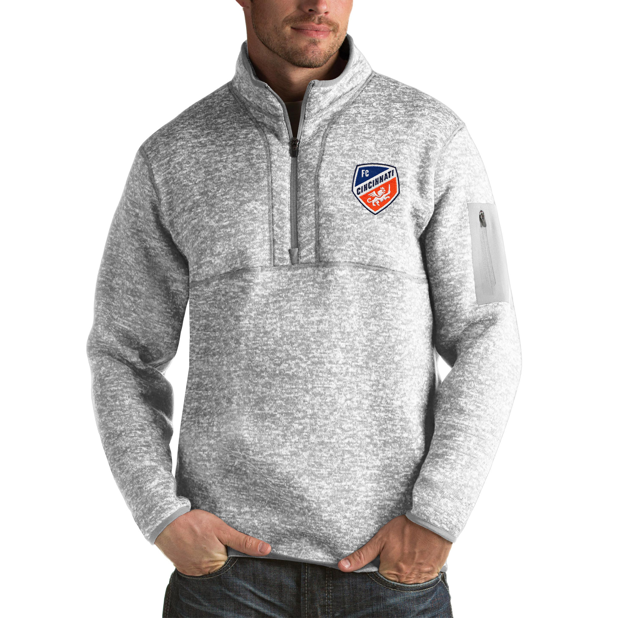 Men's Antigua Gray FC Cincinnati Fortune Quarter-Zip Pullover Jacket