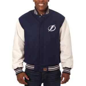 Men's JH Design Navy/White Tampa Bay Lightning Big & Tall All-Wool & Leather Full-Snap Jacket
