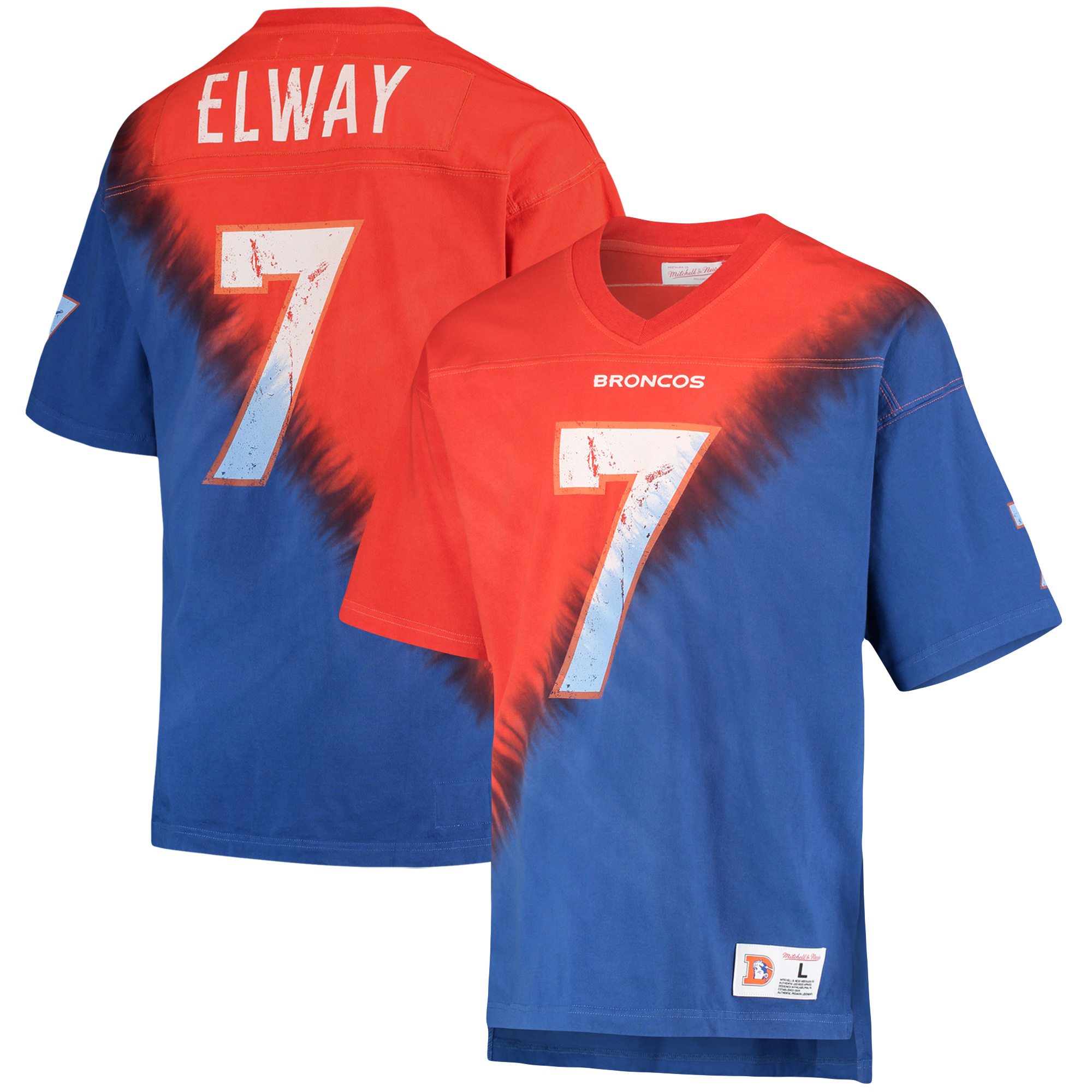Men's Mitchell & Ness John Elway Orange/Royal Denver Broncos Retired Player Name & Number Diagonal Tie-Dye V-Neck T-Shirt - Image 5