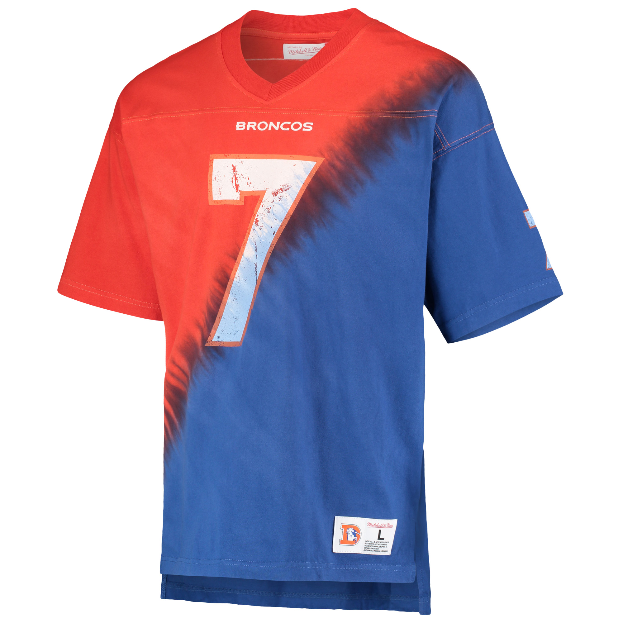 Men's Mitchell & Ness John Elway Orange/Royal Denver Broncos Retired Player Name & Number Diagonal Tie-Dye V-Neck T-Shirt - Image 3
