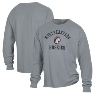 Men's ComfortWash Gray Northeastern Huskies Arch Logo Garment Dyed Long Sleeve T-Shirt