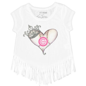Girls Toddler Tiny Turnip White Chicago Cubs Baseball Tiara Heart Fringe T-Shirt