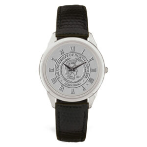 Silver UNCG Spartans Medallion Black Leather Wristwatch