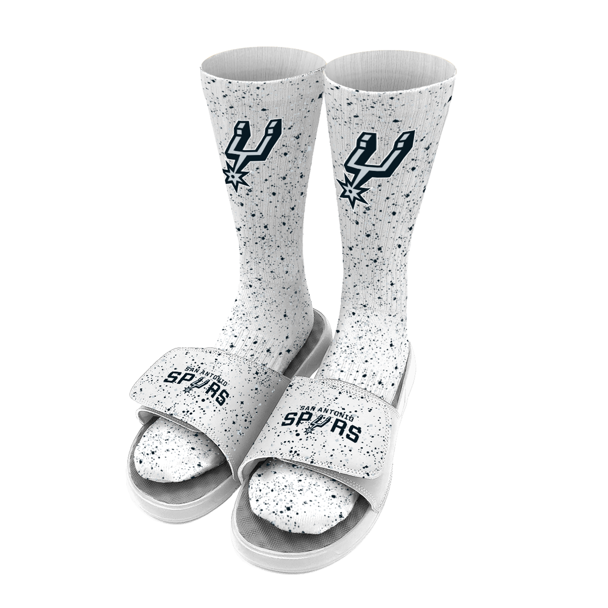 Men's ISlide White San Antonio Spurs Team Logo Speckle Socks & Slide Sandals Bundle