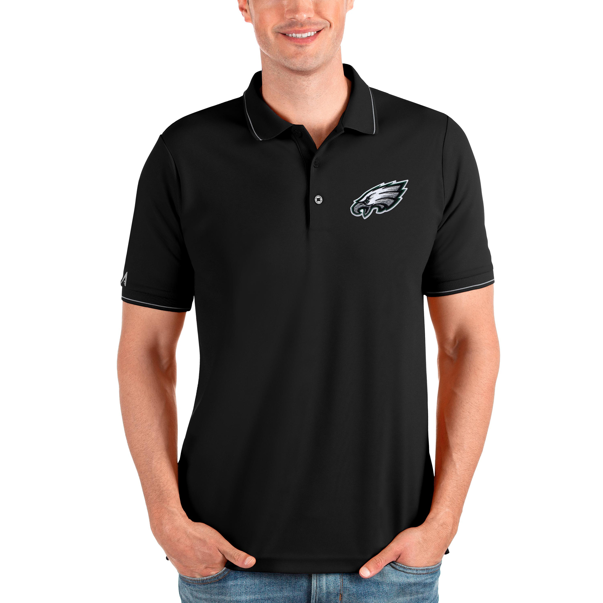 Men's Antigua Black Philadelphia Eagles Affluent Polo