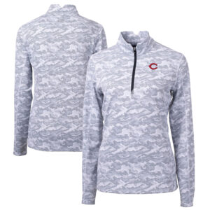 Women's Cutter & Buck Charcoal Cincinnati Reds Traverse Camo Print Stretch Quarter-Zip Pullover Top