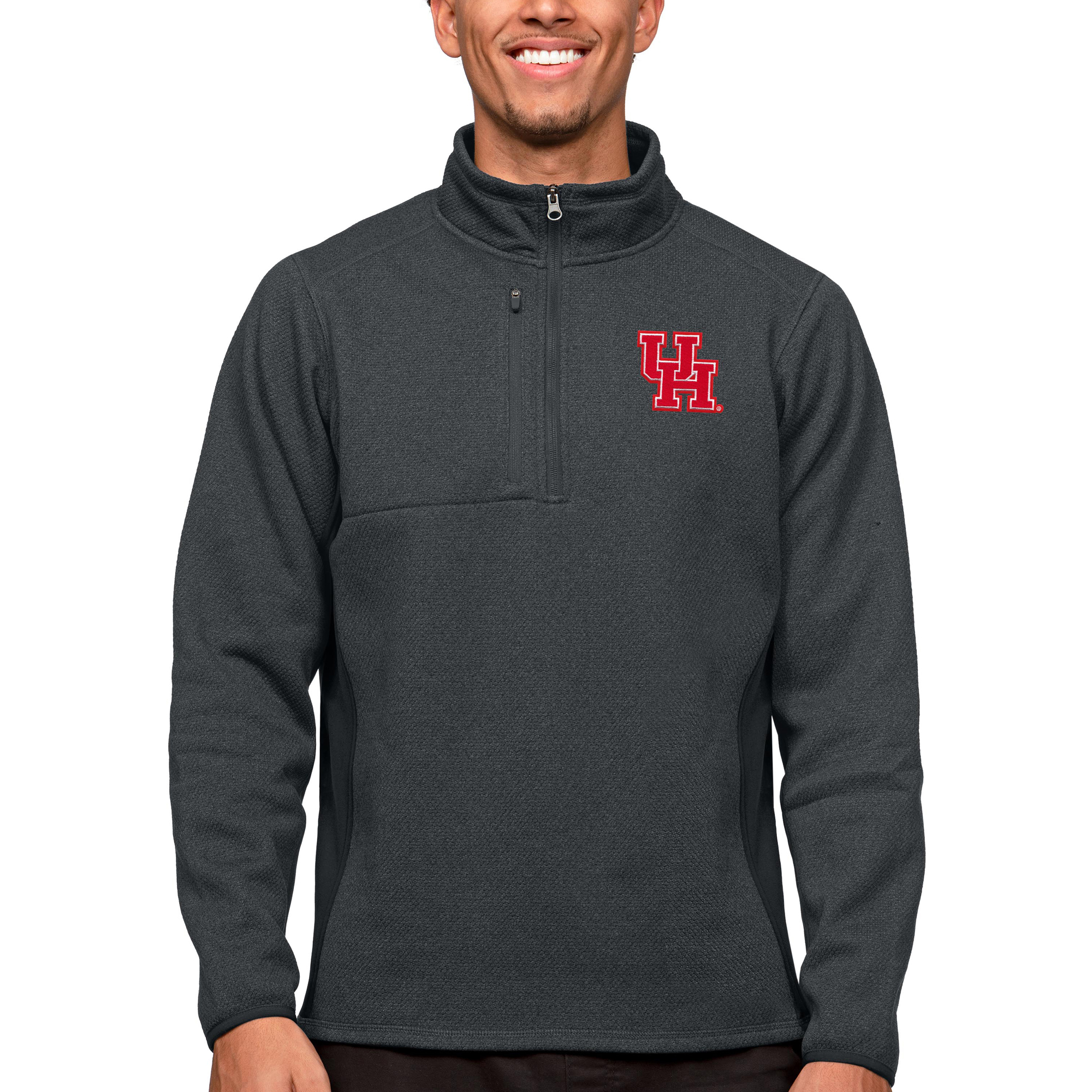 Men's Antigua Heather Charcoal Houston Cougars Course Quarter-Zip Pullover Top