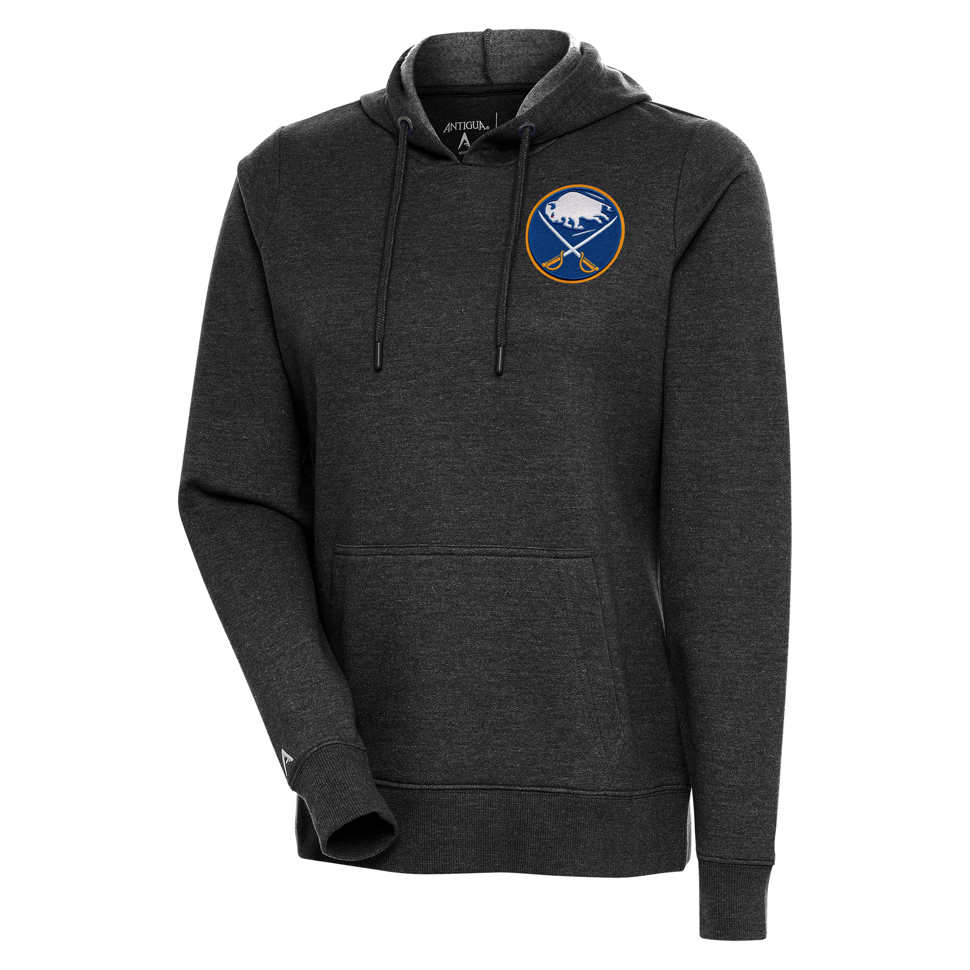 Women's Antigua Heather Black Buffalo Sabres Logo Action Chenille Pullover Hoodie