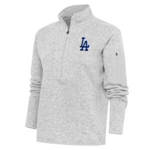 Women's Antigua Heather Gray Los Angeles Dodgers Logo Fortune Quarter-Zip Pullover Jacket