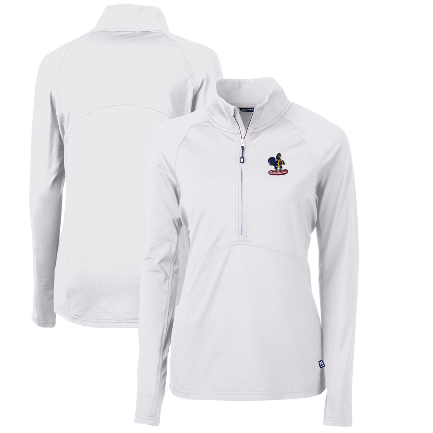 Women's Cutter & Buck White Delaware Fightin' Blue Hens Adapt Eco Knit Stretch Recycled Half-Zip Pullover Top