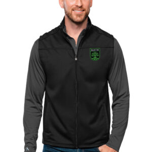 Men's Antigua Black Austin FC Primary Team Logo Links Full-Zip Golf Vest