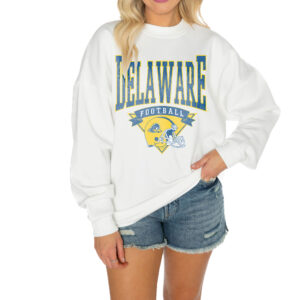 Women's Gameday Couture White Delaware Fightin' Blue Hens Good Vibes Premium Fleece Drop Shoulder Pullover Sweatshirt
