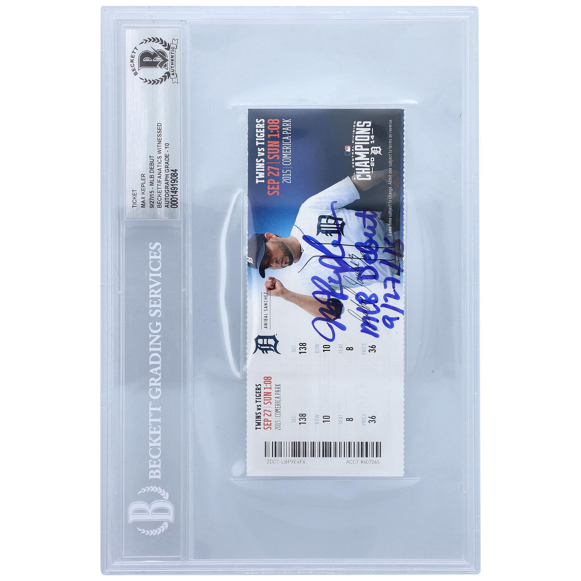 Max Kepler Minnesota Twins Autographed Ticket with "MLB Debut 9/27/15" Inscription - Beckett/Fanatics Graded 10 - Image 2
