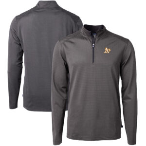 Men's Cutter & Buck Black/Gray Oakland Athletics Virtue Eco Pique Micro Stripe Big & Tall Recycled Quarter-Zip Pullover Top