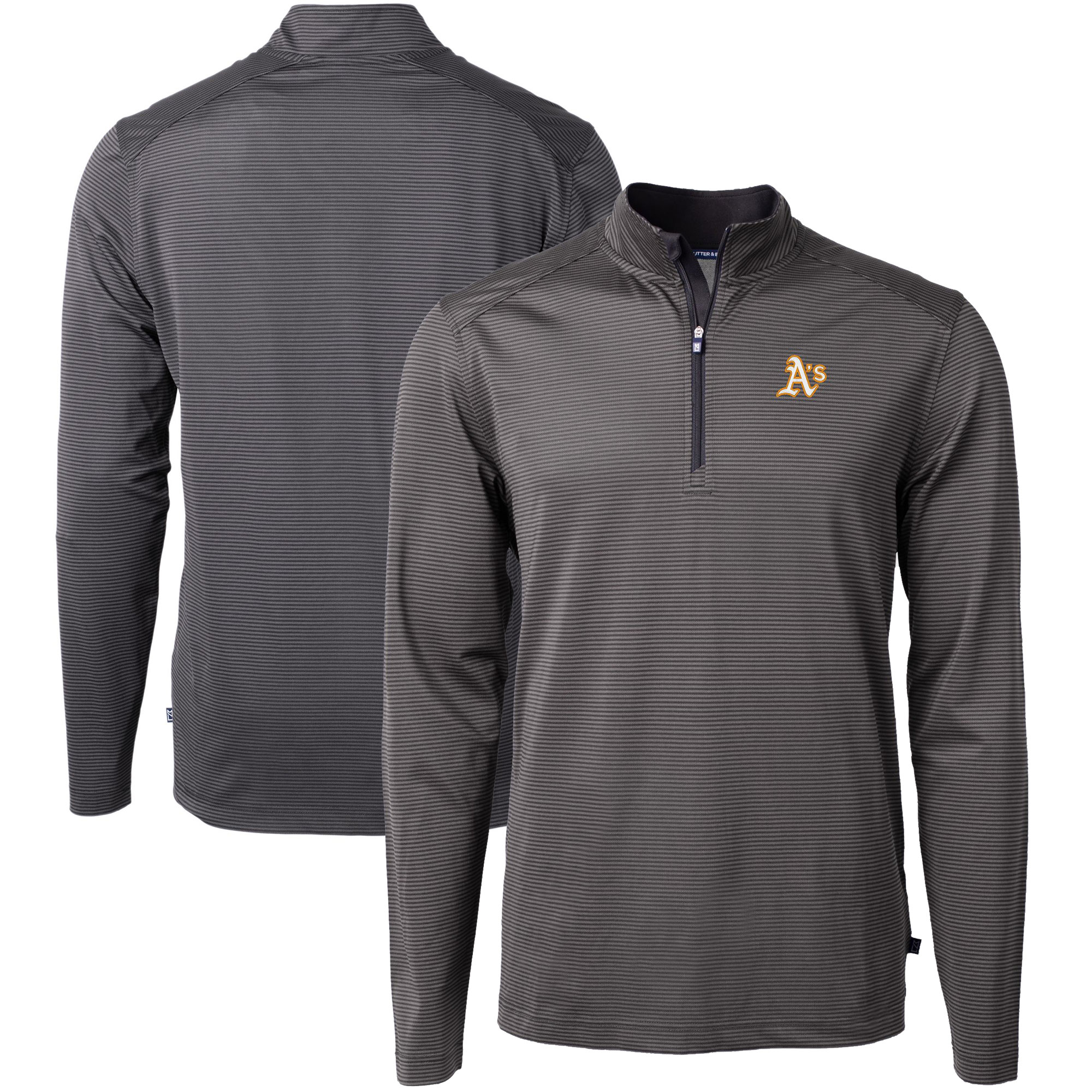 Men's Cutter & Buck Black/Gray Oakland Athletics Virtue Eco Pique Micro Stripe Big & Tall Recycled Quarter-Zip Pullover Top