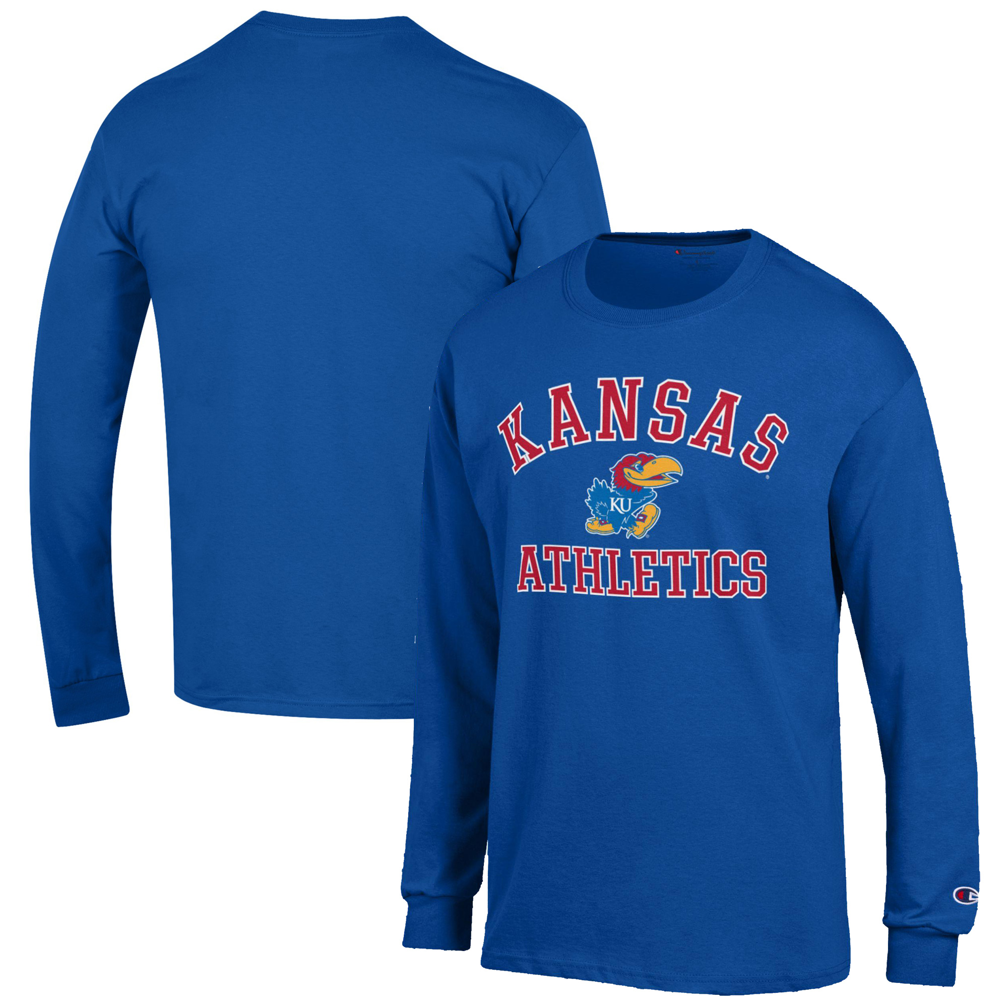 Men's Champion Royal Kansas Jayhawks Athletics Logo Long Sleeve T-Shirt