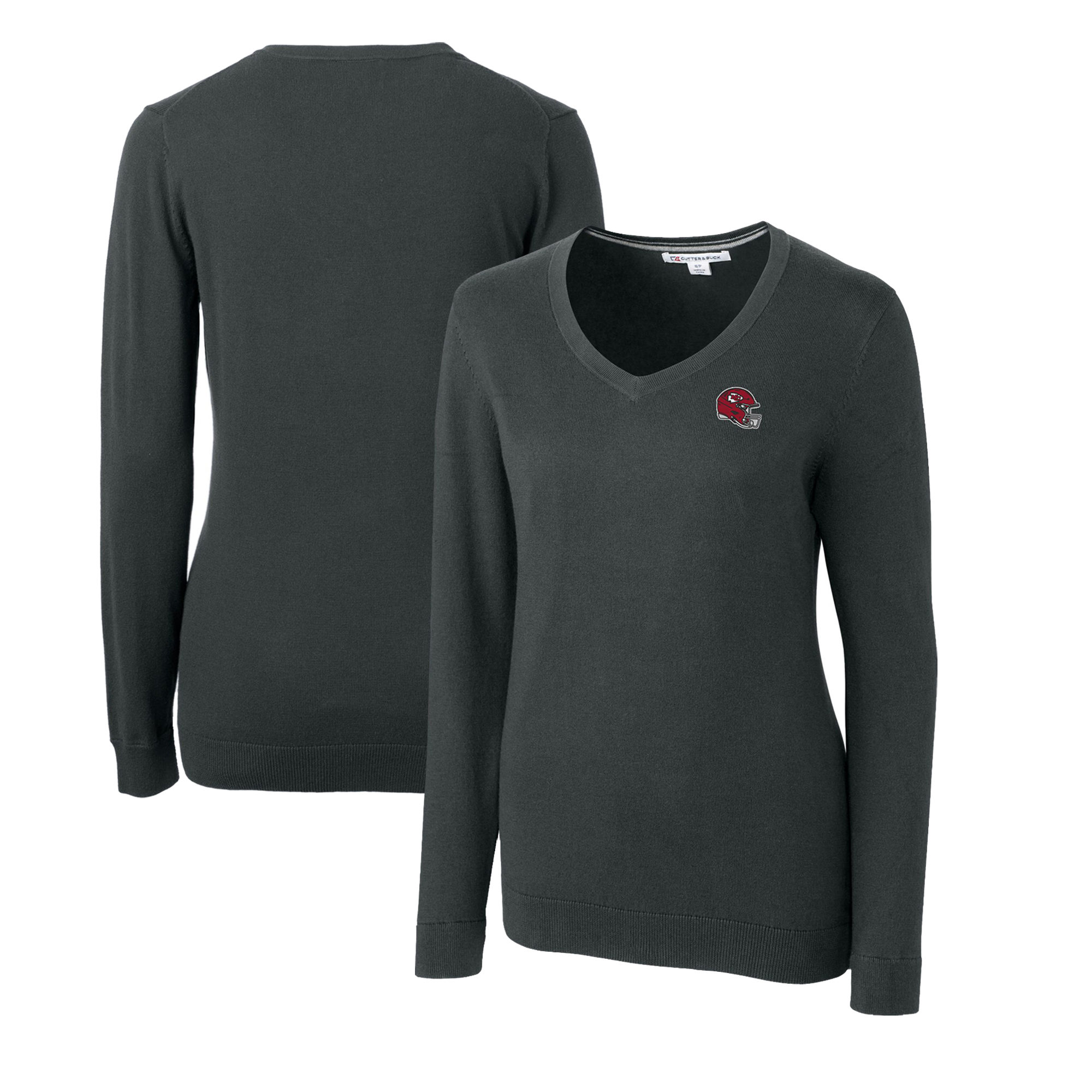 Women's Cutter & Buck Charcoal Kansas City Chiefs Helmet Logo Lakemont Tri-Blend V-Neck Pullover Sweater - Image 2