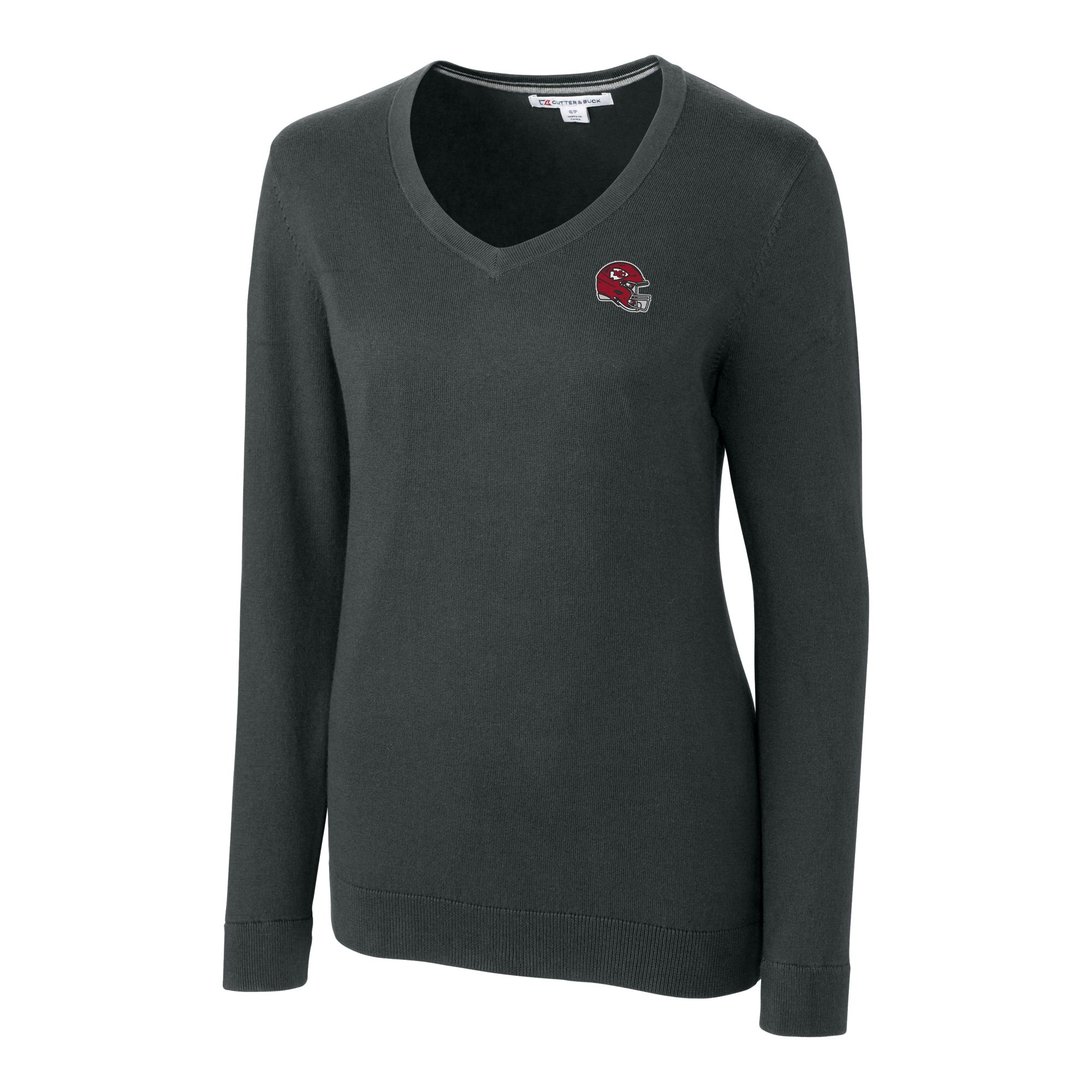 Women's Cutter & Buck Charcoal Kansas City Chiefs Helmet Logo Lakemont Tri-Blend V-Neck Pullover Sweater - Image 3