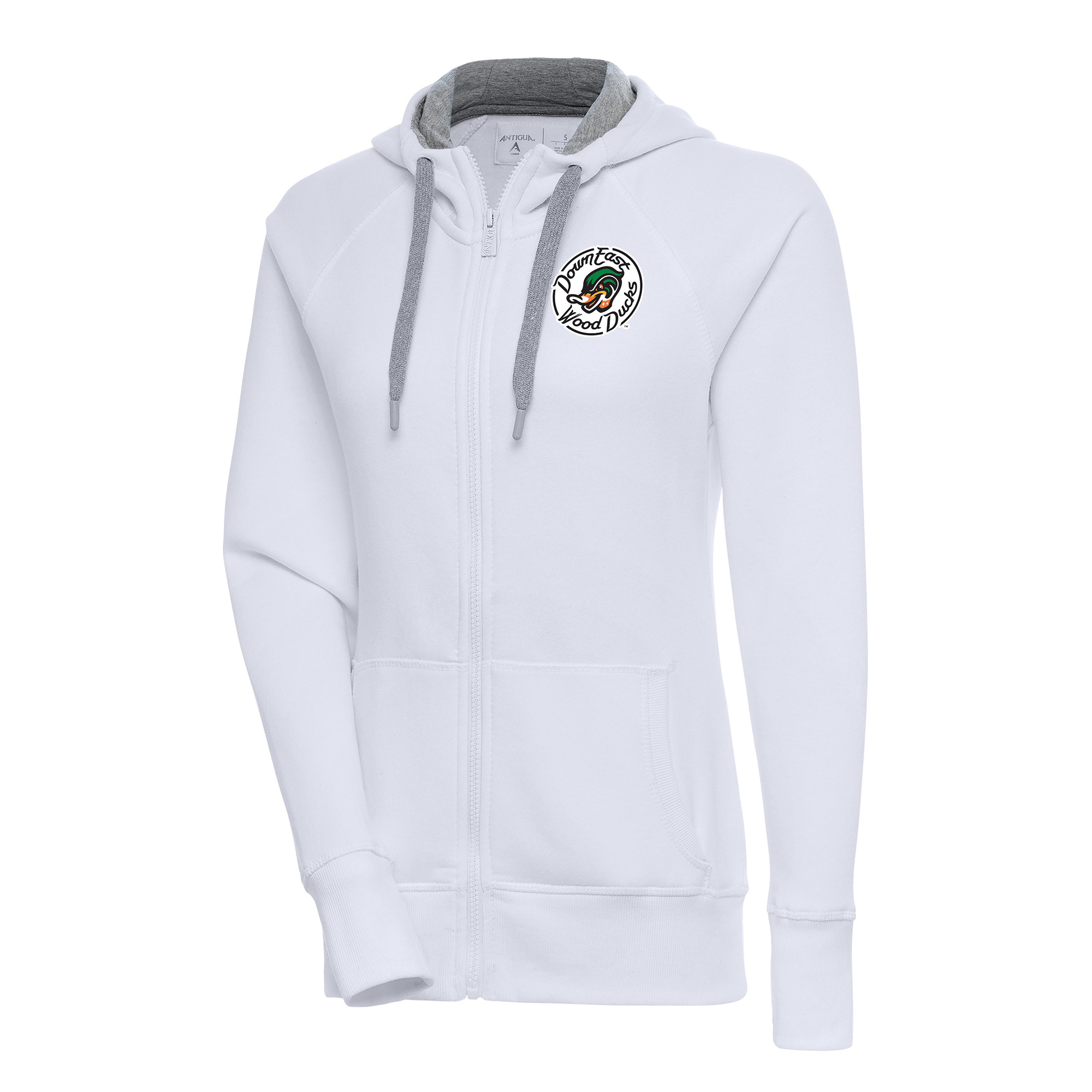 Women's Antigua White Down East Wood Ducks Victory Full-Zip Hoodie