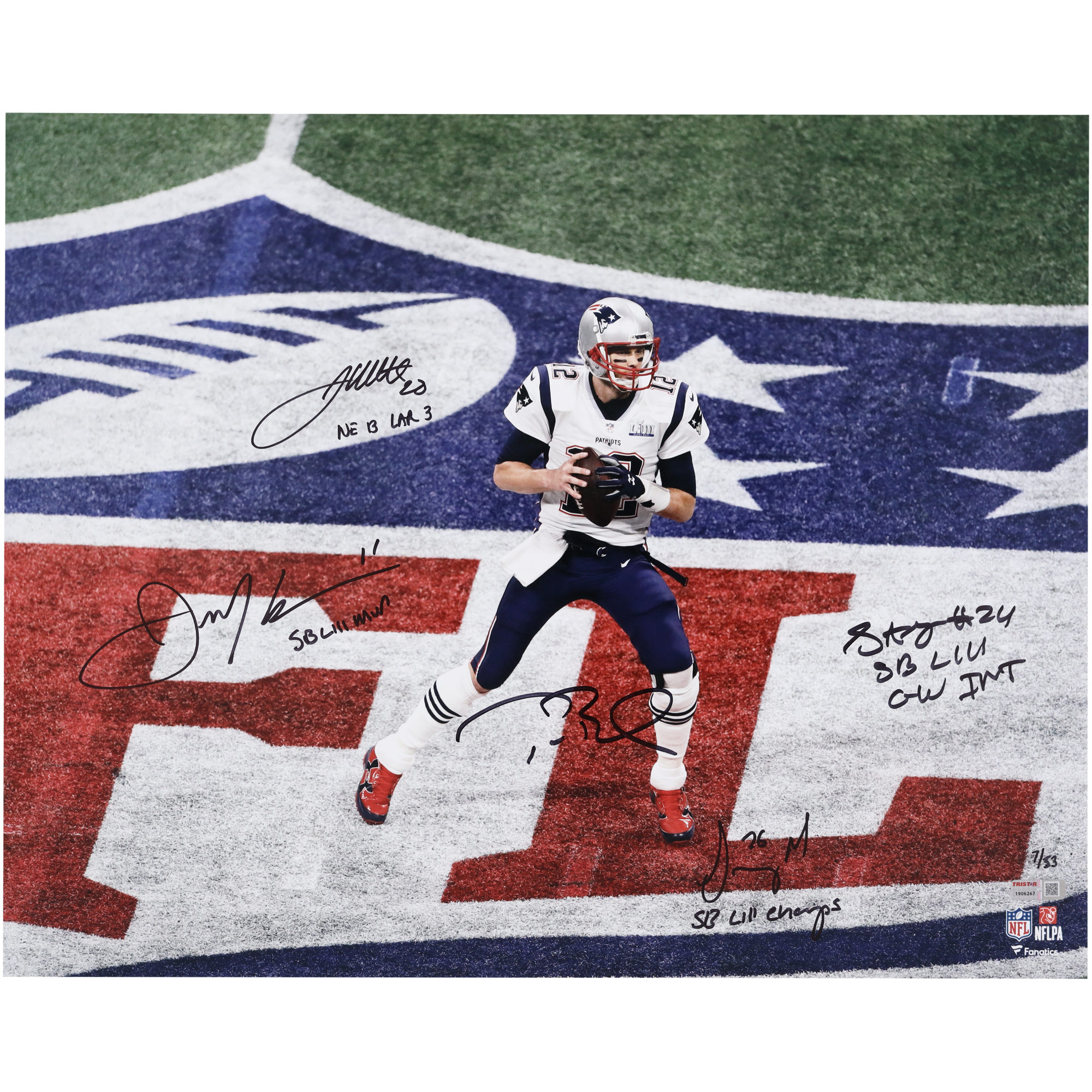 New England Patriots Autographed & Inscribed Super Bowl LIII 16" x 20" Photo with 5 Signatures including Tom Brady, Stephon Gilmore & Julian Edelman - Limited Edition of 53