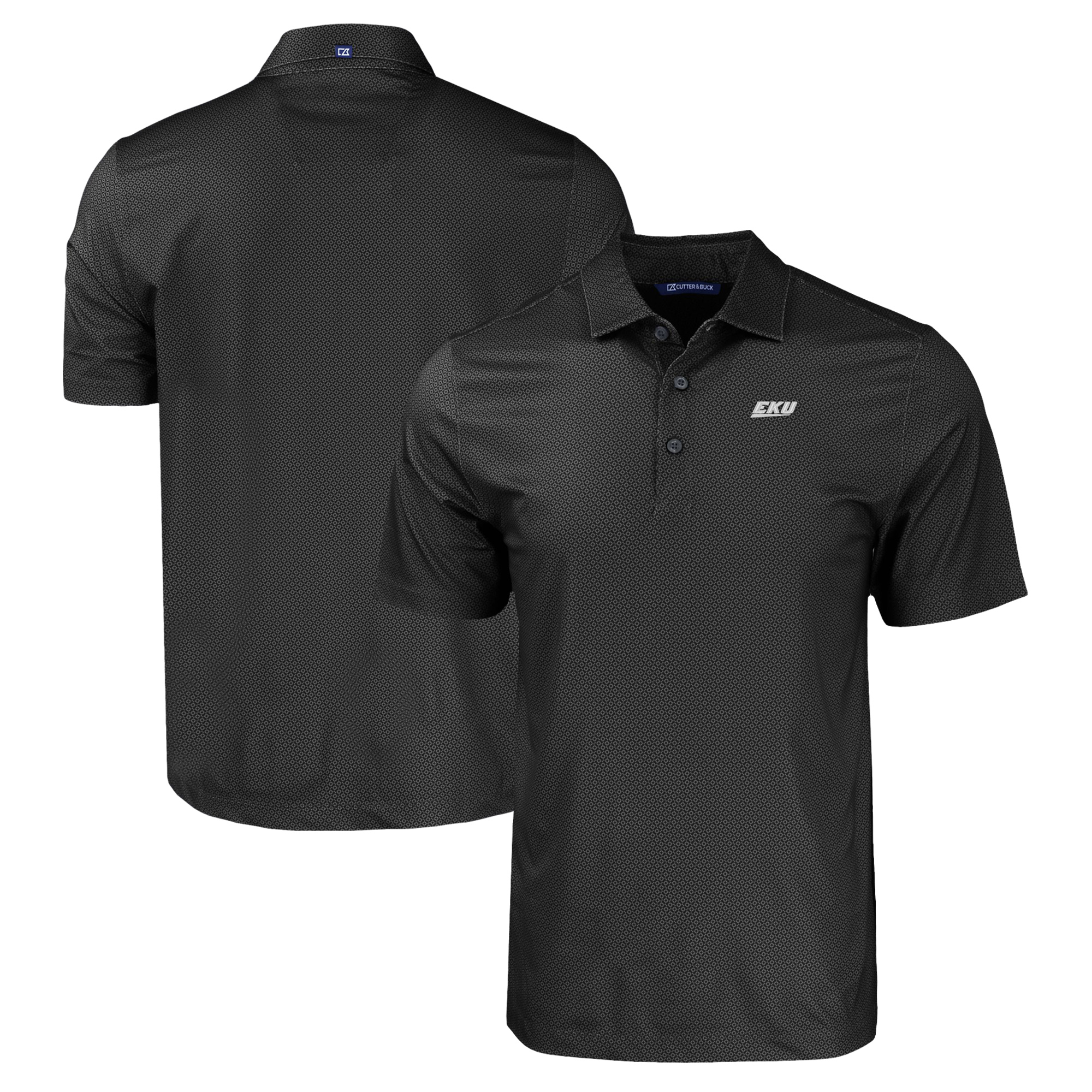 Men's Cutter & Buck Black Eastern Kentucky Colonels Pike Eco Tonal Geo Print Stretch Recycled Polo