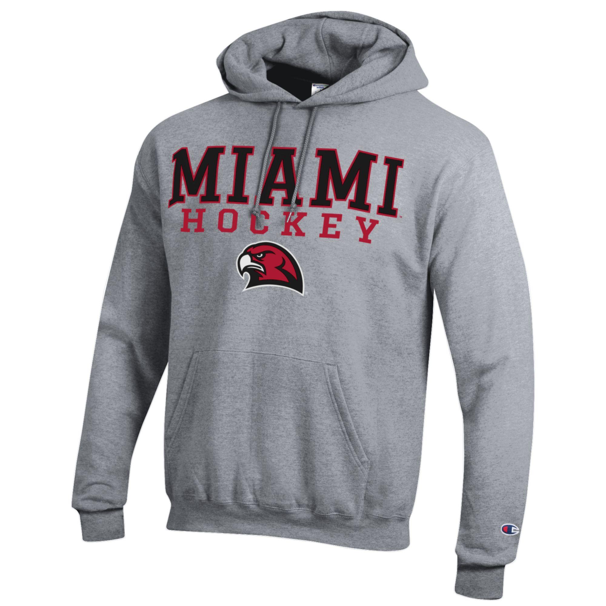 Men's Champion Gray Miami University RedHawks Hockey Eco Powerblend Pullover Hoodie - Image 6