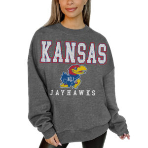 Women's Gameday Couture  Heather Charcoal Kansas Jayhawks Distressed Fleece Pullover Sweatshirt