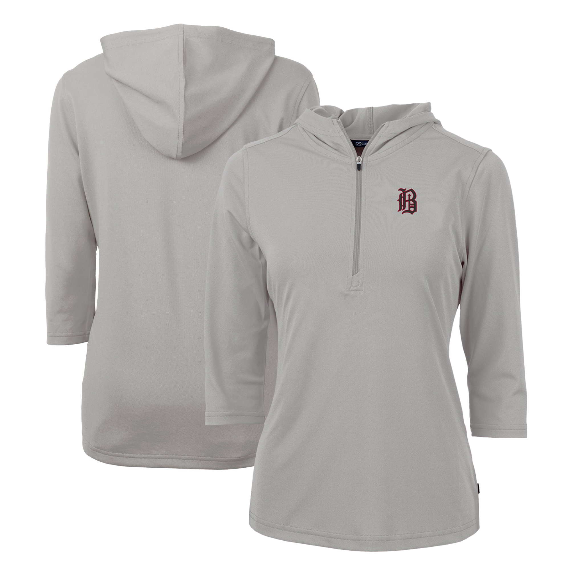 Women's Cutter & Buck Gray Birmingham Barons Virtue Eco Pique Recycled 3/4-Sleeve Half-Zip Pullover Hoodie