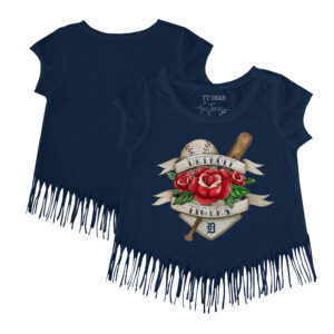 Girls Toddler Tiny Turnip Navy Detroit Tigers Tattoo Rose Fringe T-Shirt