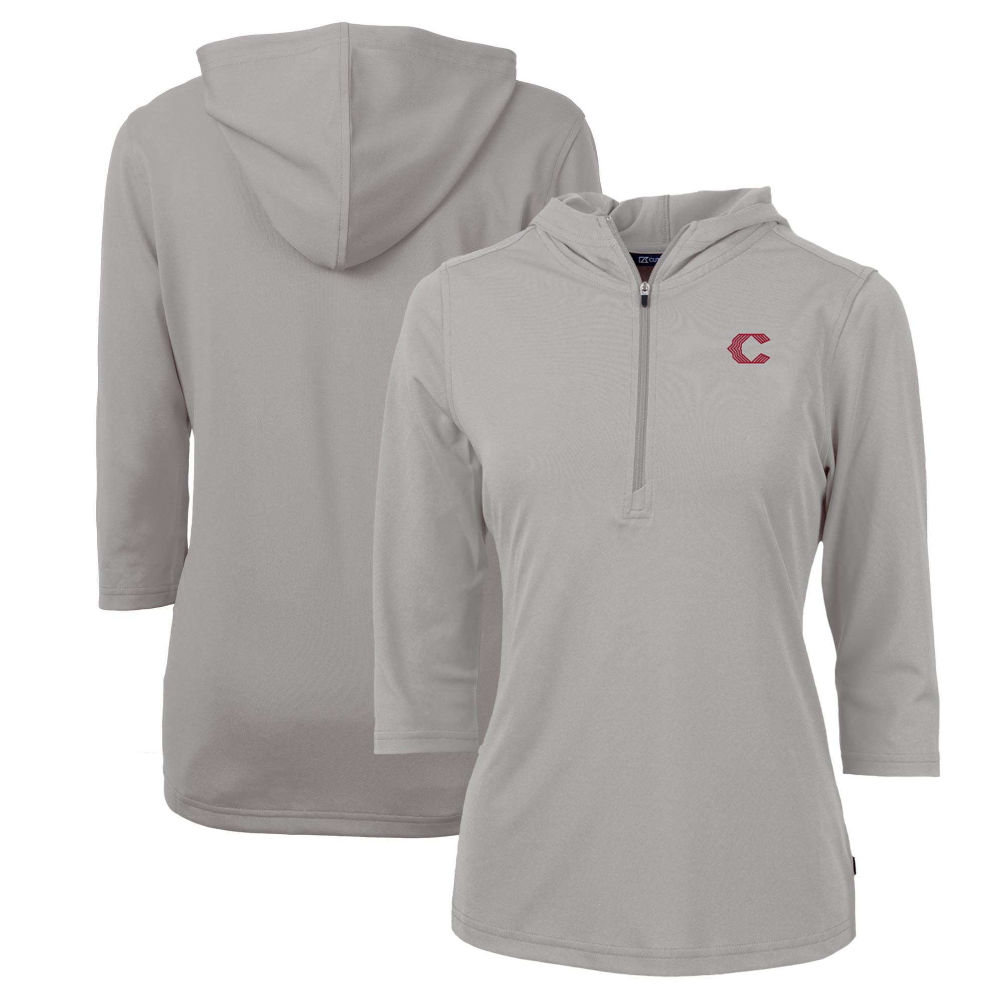 Women's Cutter & Buck Gray Cincinnati Reds City Connect Virtue Eco Pique Half-Zip 3/4 Sleeve Pullover Hoodie