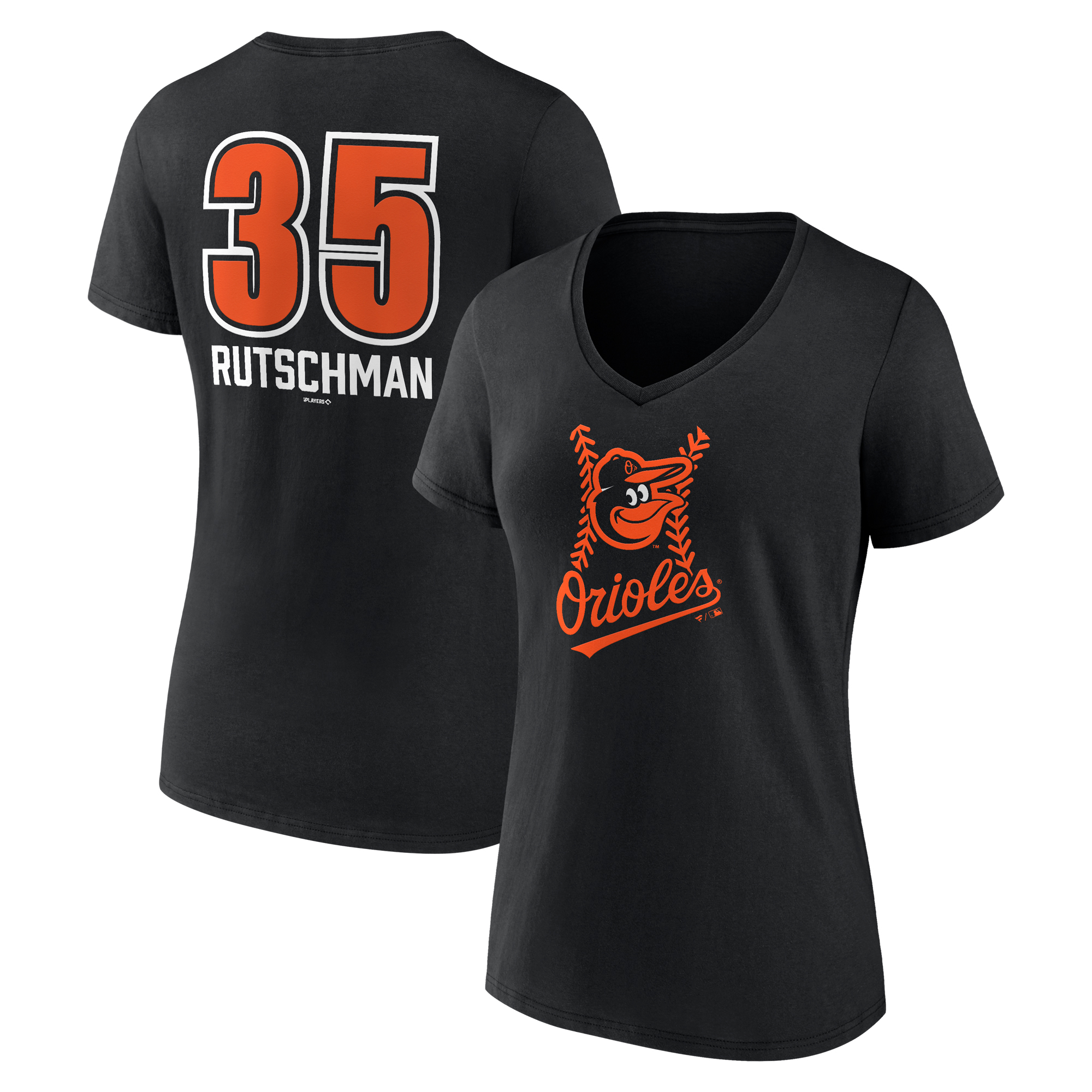 Women's Adley Rutschman Black Baltimore Orioles Fastball Player Name & Number V-Neck T-Shirt
