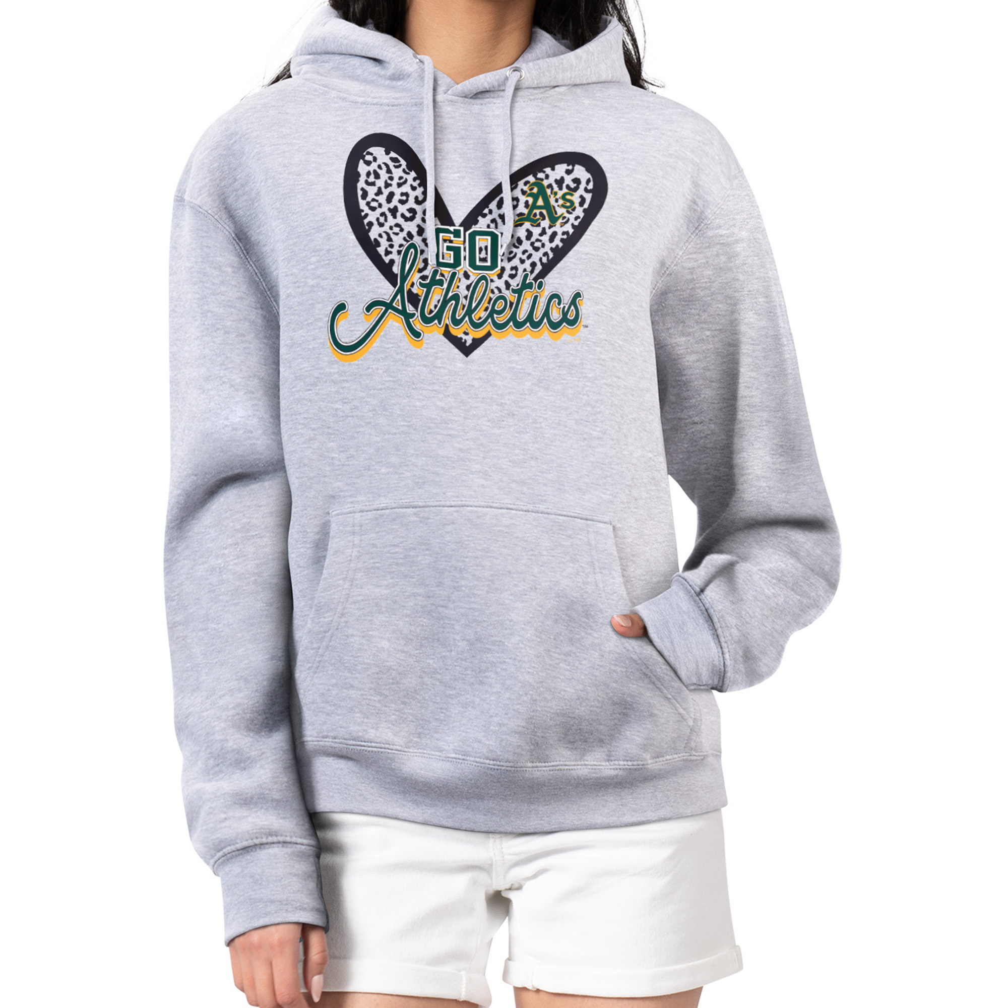 Women's G-III 4Her by Carl Banks Heather Gray Oakland Athletics Leopard Heart Pullover Hoodie - Image 2
