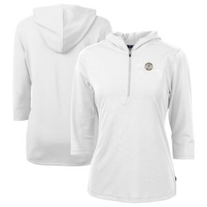 Women's Cutter & Buck White Milwaukee Brewers Cooperstown Collection DryTec Virtue Eco Pique Recycled 3/4-Sleeve Half-Zip Pullover Hoodie