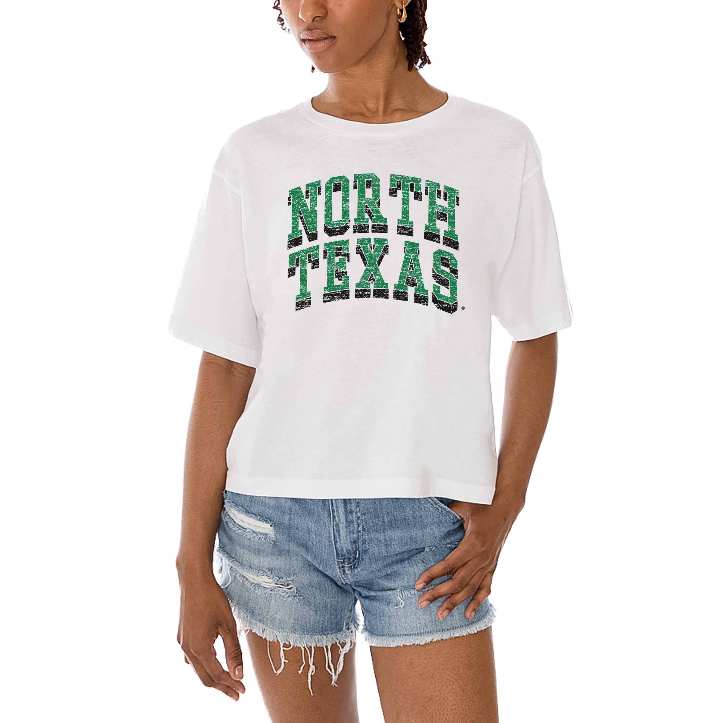 Women's Gameday Couture White North Texas Mean Green Claim To Fame Boxy Cropped T-Shirt - Image 8