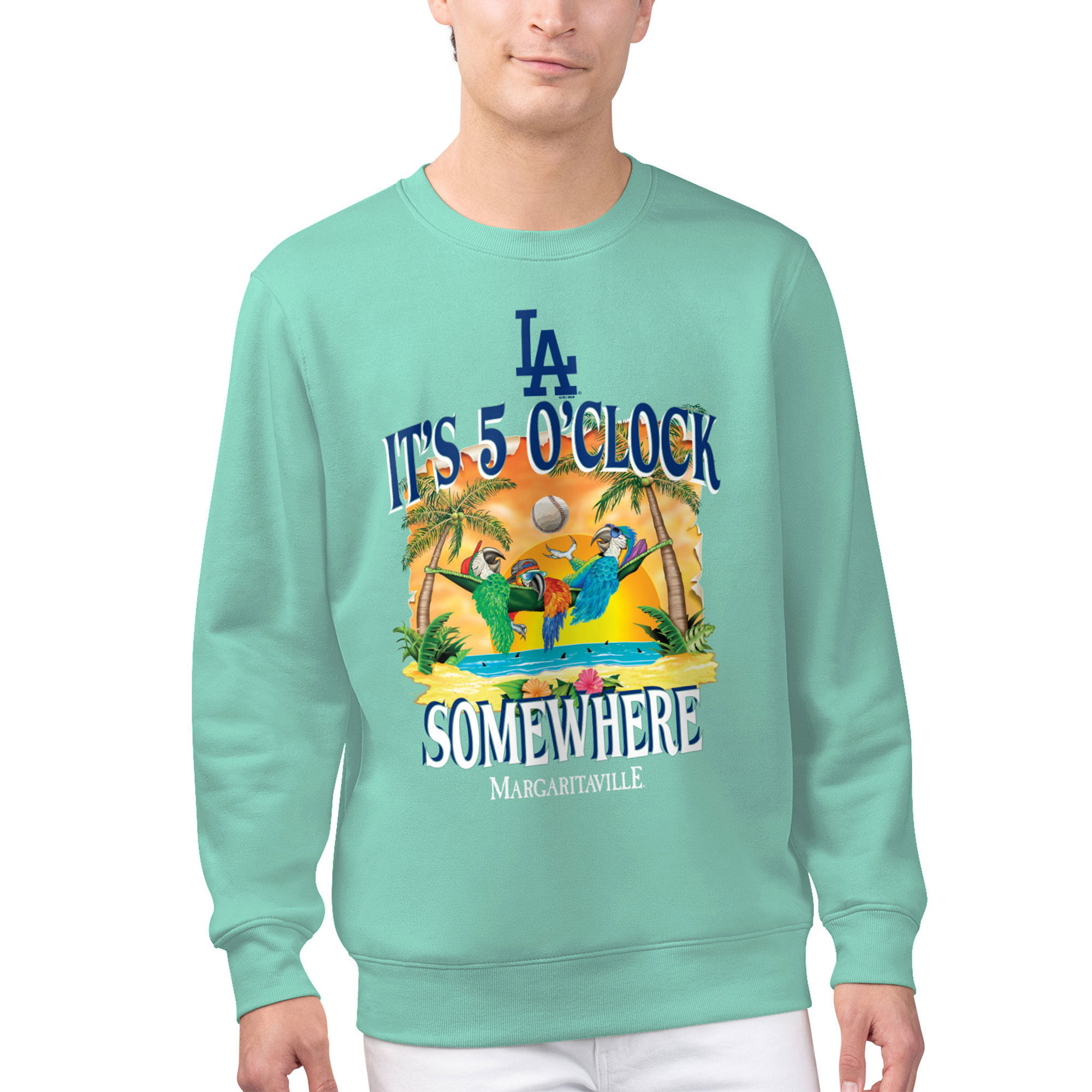Men's Margaritaville Mint Los Angeles Dodgers Five O'Clock Graphic Pullover Sweatshirt