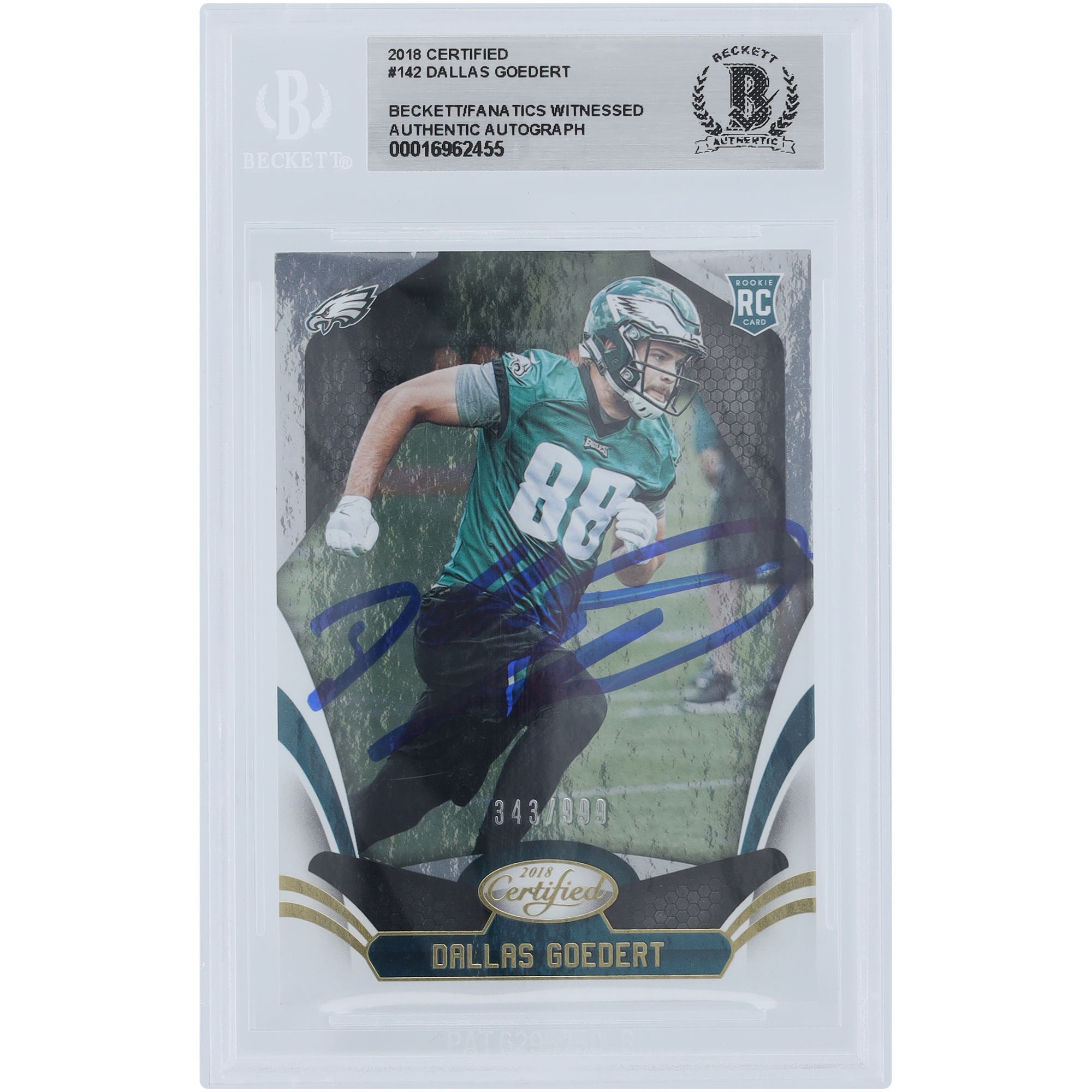 Dallas Goedert Philadelphia Eagles Autographed 2018 Panini Certified #142 #/999 Beckett Fanatics Witnessed Authenticated Rookie Card - Image 2