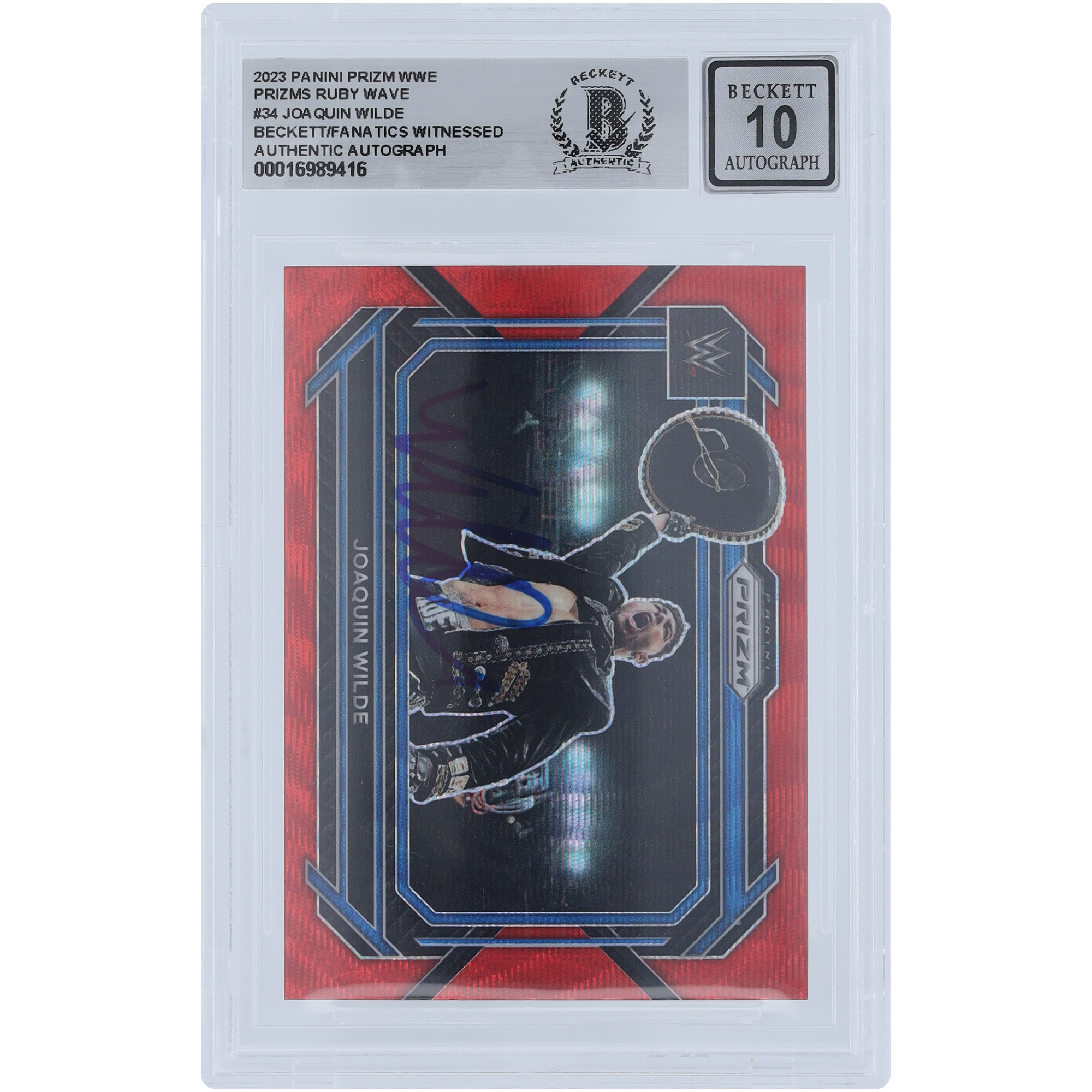 Joaquin Wilde WWE Autographed 2023 Panini Prizm Ruby Wave Prizm #34 Beckett Fanatics Witnessed Authenticated 10 Card
