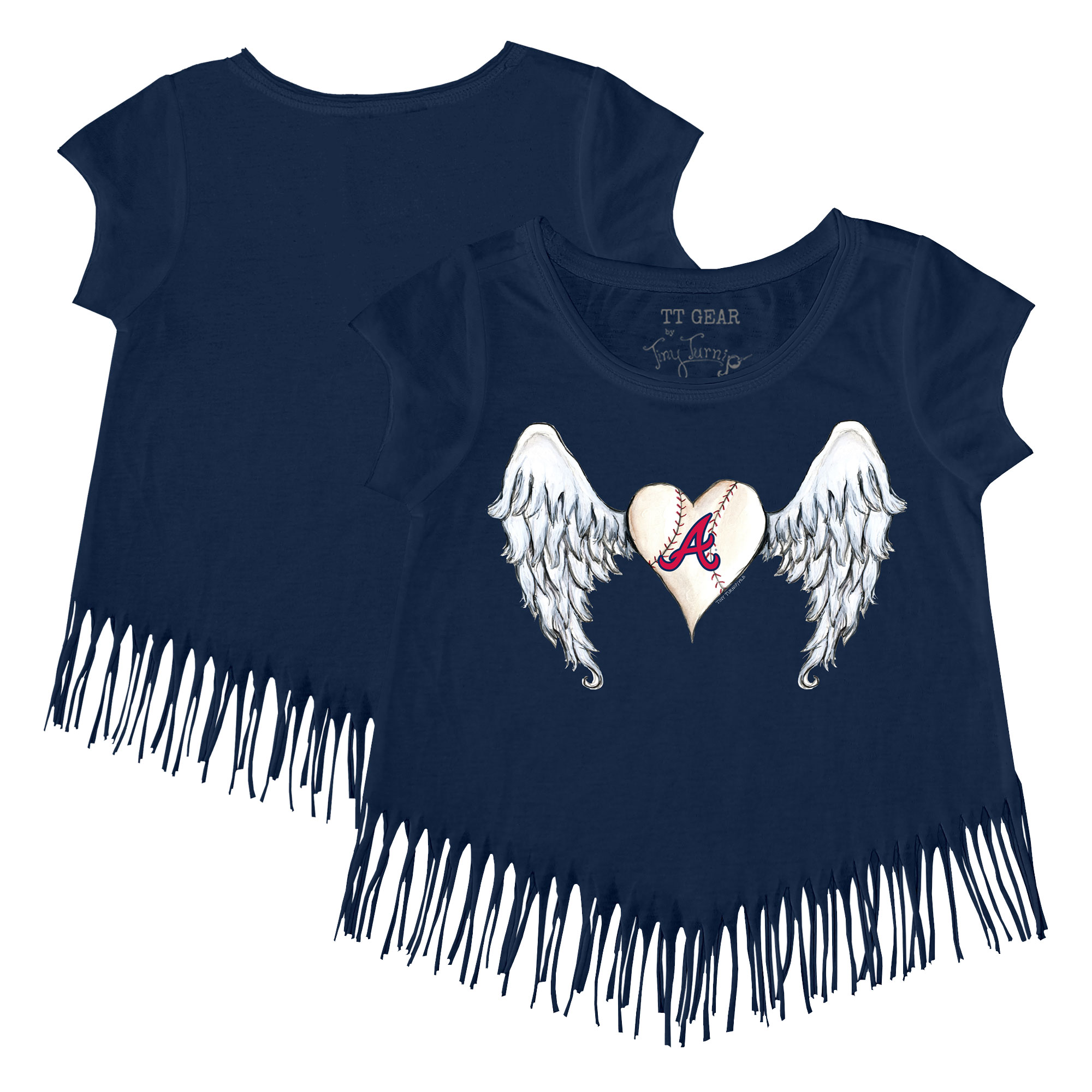 Girls Youth Tiny Turnip Navy Atlanta Braves Angel Wings Fringe T-Shirt