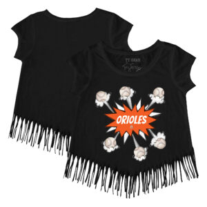 Girls Youth Tiny Turnip Black Baltimore Orioles Baseball Pow Fringe T-Shirt
