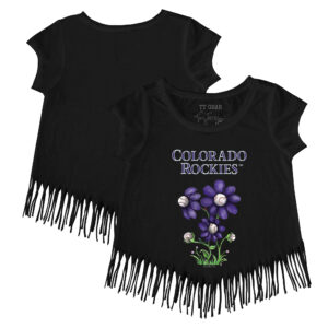 Girls Youth Tiny Turnip Black Colorado Rockies Blooming Baseballs Fringe T-Shirt
