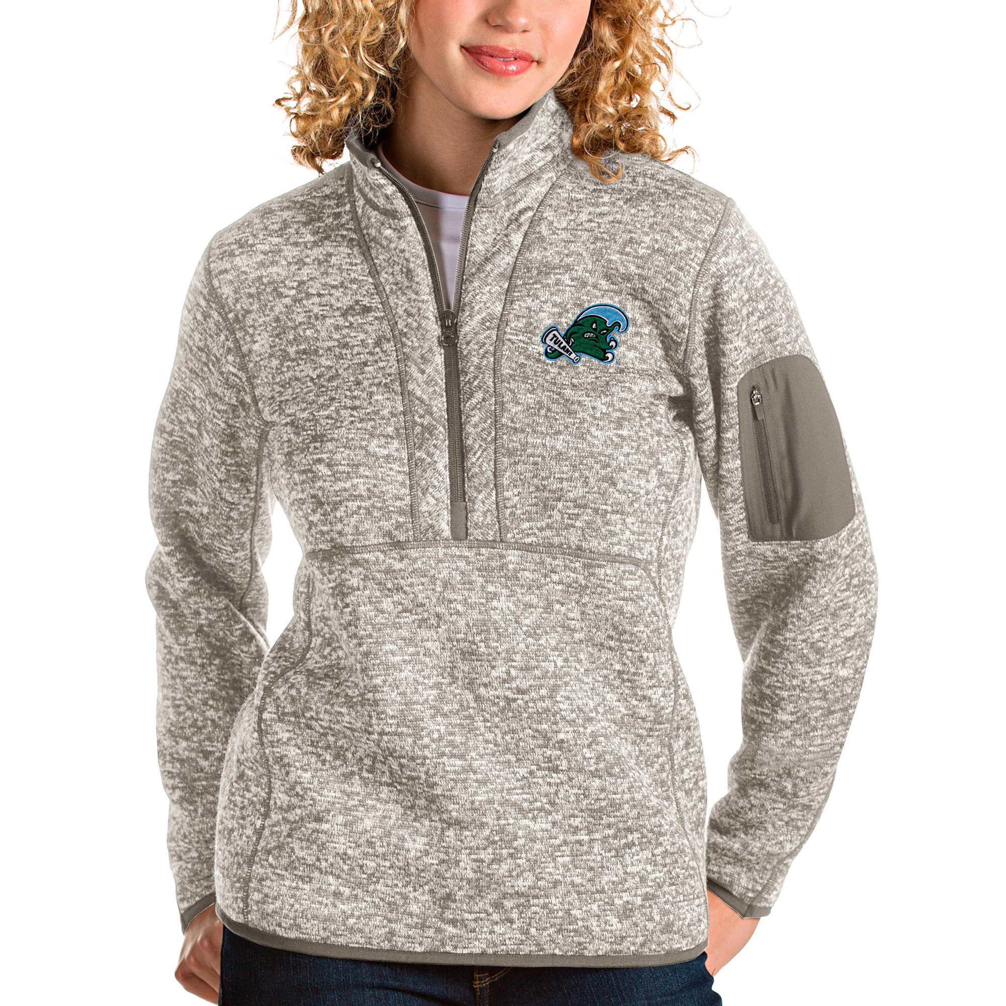 Women's Antigua Oatmeal Tulane Green Wave Fortune Half-Zip Pullover Sweater