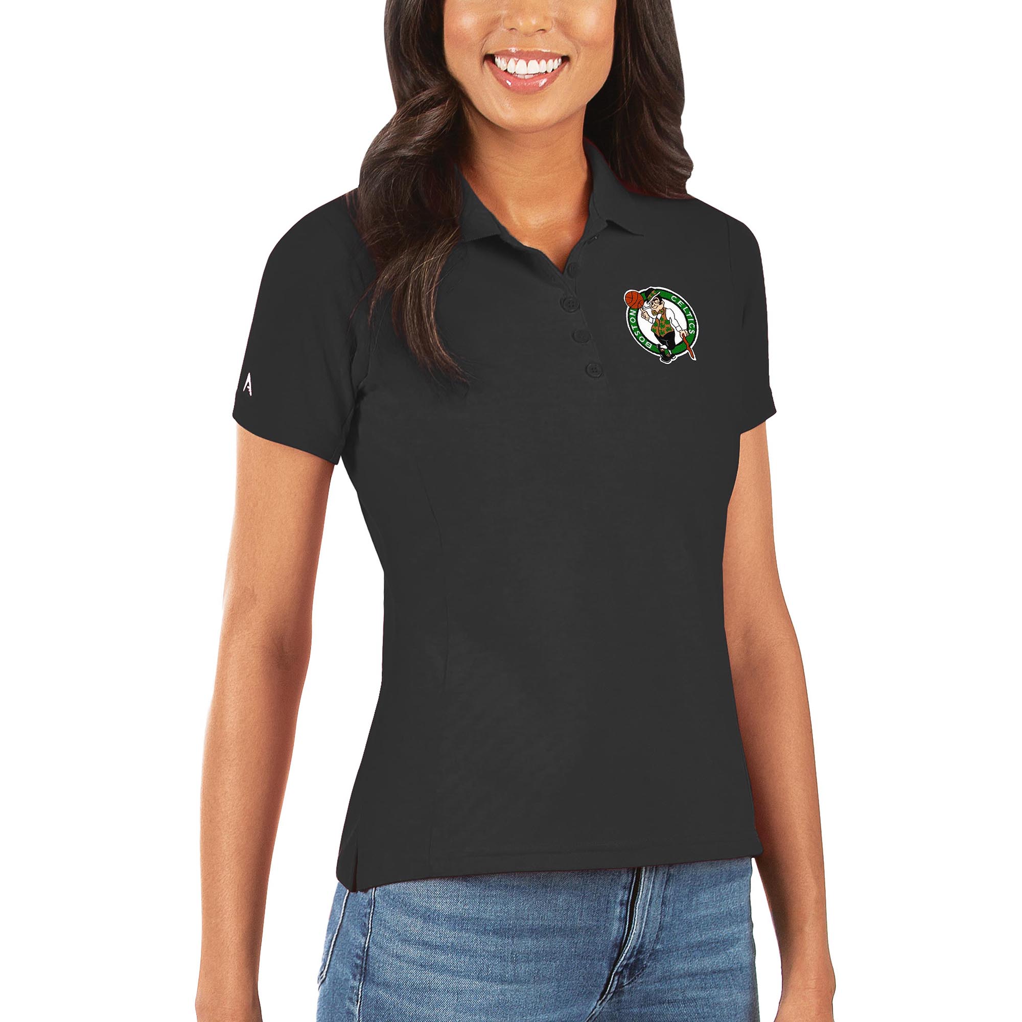 Women's Antigua Black Boston Celtics Legacy Pique Polo